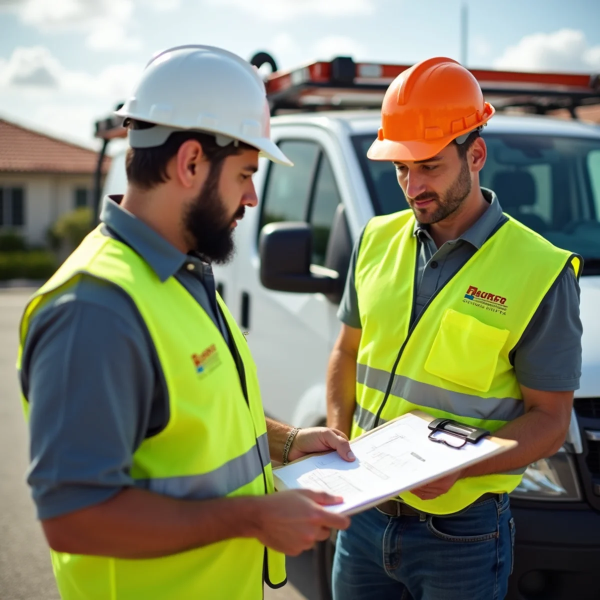 Professional licensed Florida roofing contractor crew with service trucks