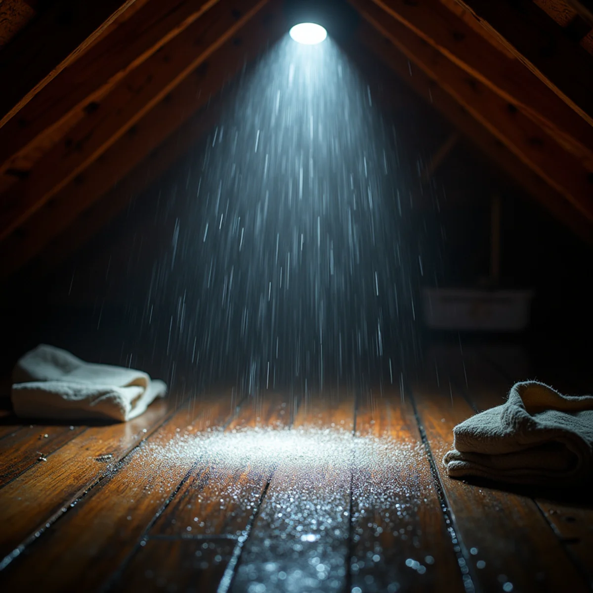 Roofer in attic tracing water droplet path down rafter during rainstorm