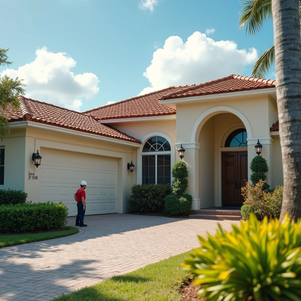Wide-angle camera shot capturing complete roof elevation alongside close-up damage