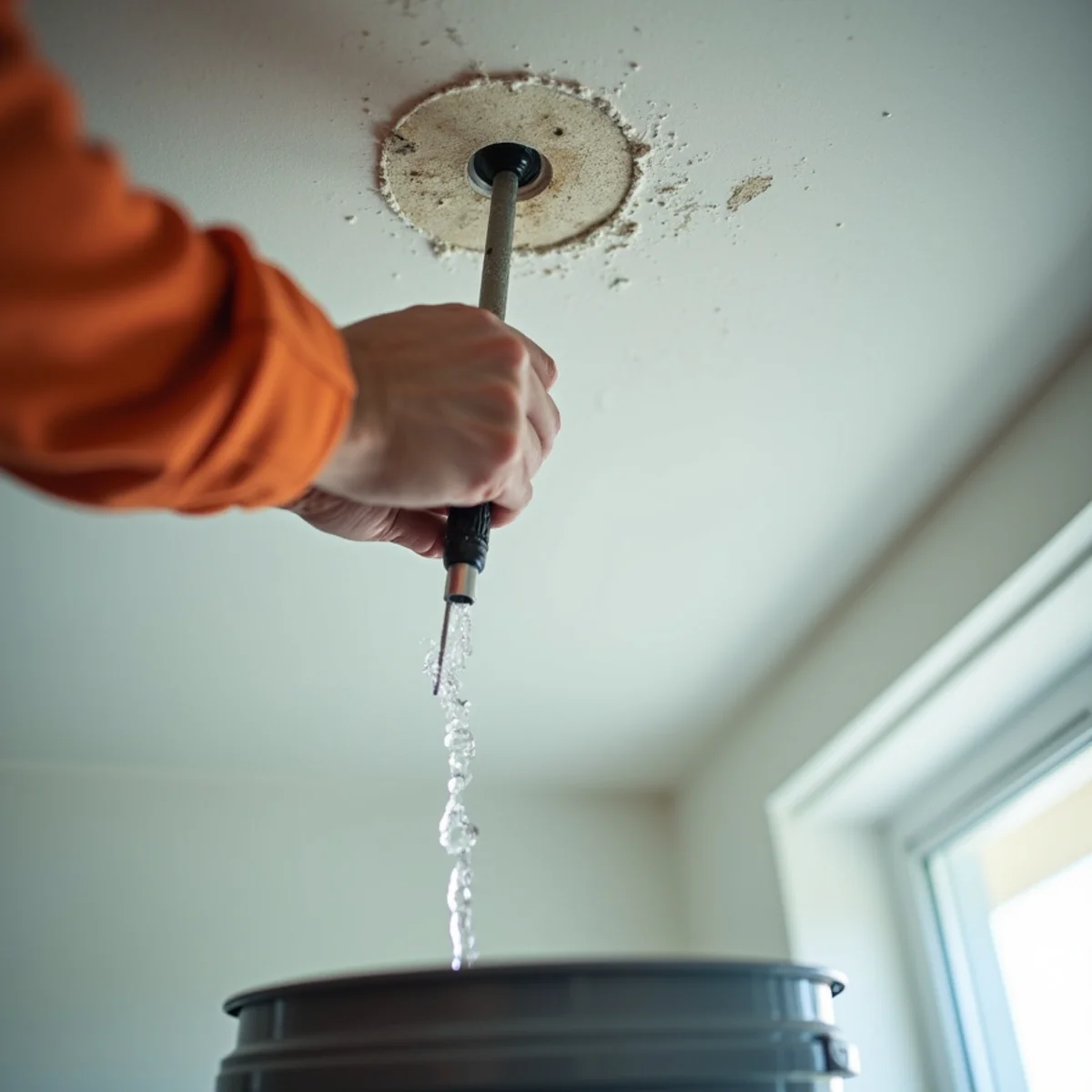 Screwdriver carefully piercing bulging water bladder in drywall ceiling into a bucket