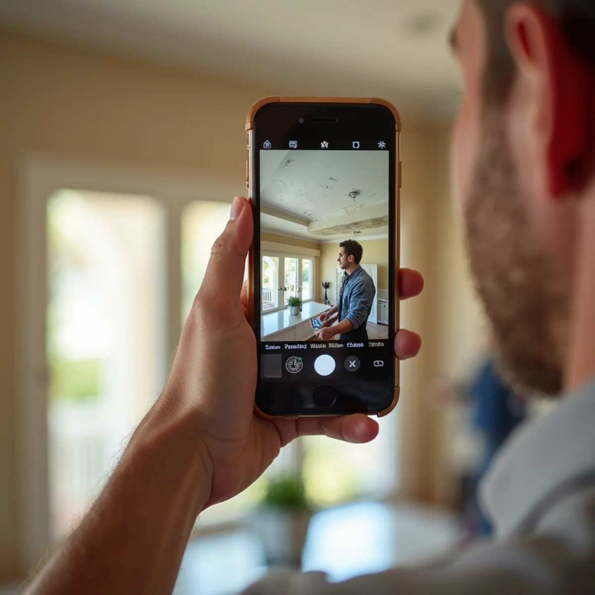 Smartphone photographing ceiling water stains and damaged crown molding with timestamp