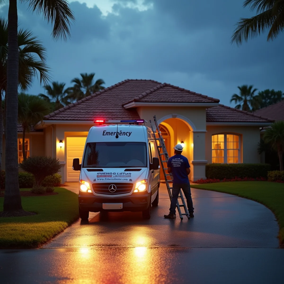 Branded service van arriving outside Florida home with technician carrying ladder
