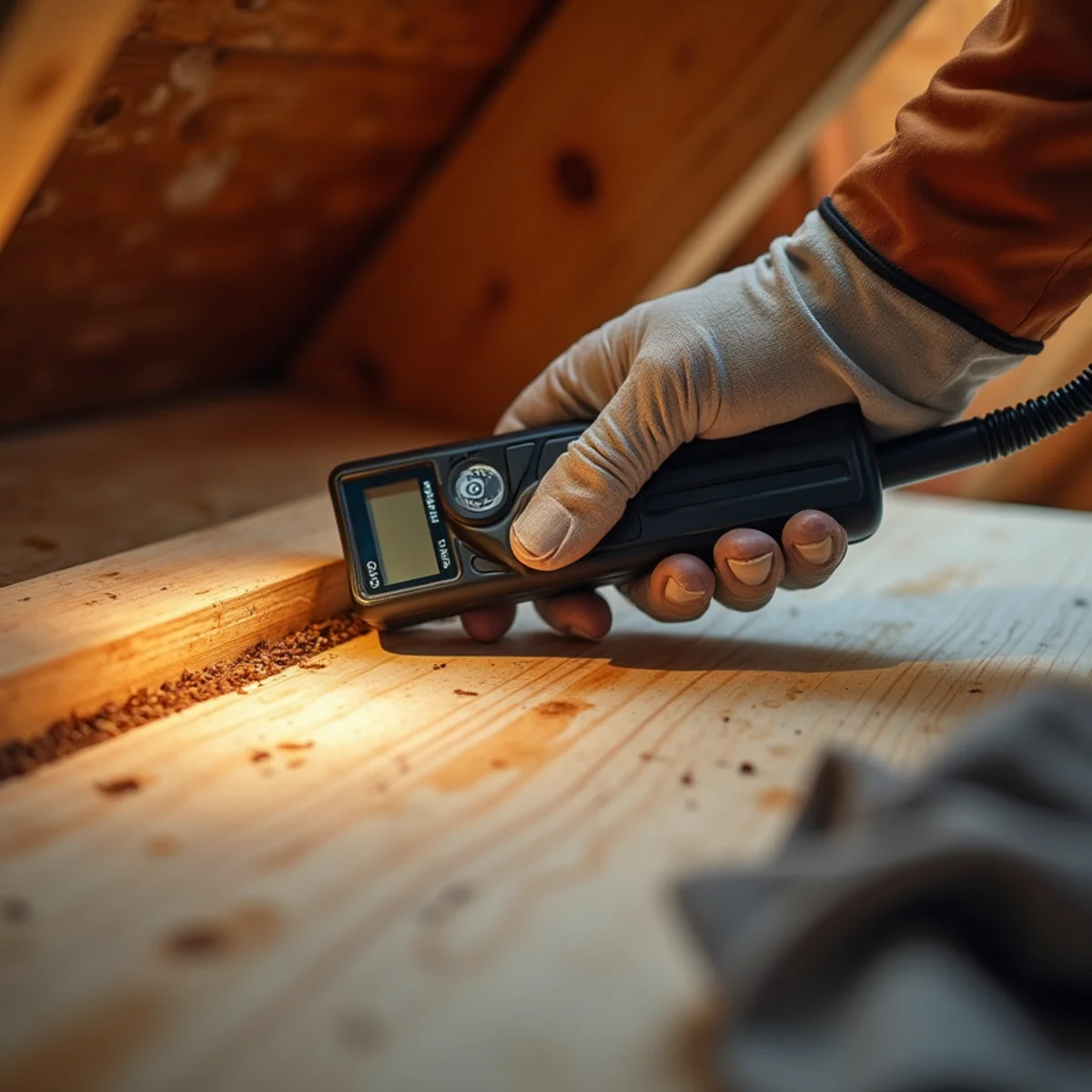 Licensed roofing contractor using moisture meter during attic and roof leak diagnosis in Boca Raton