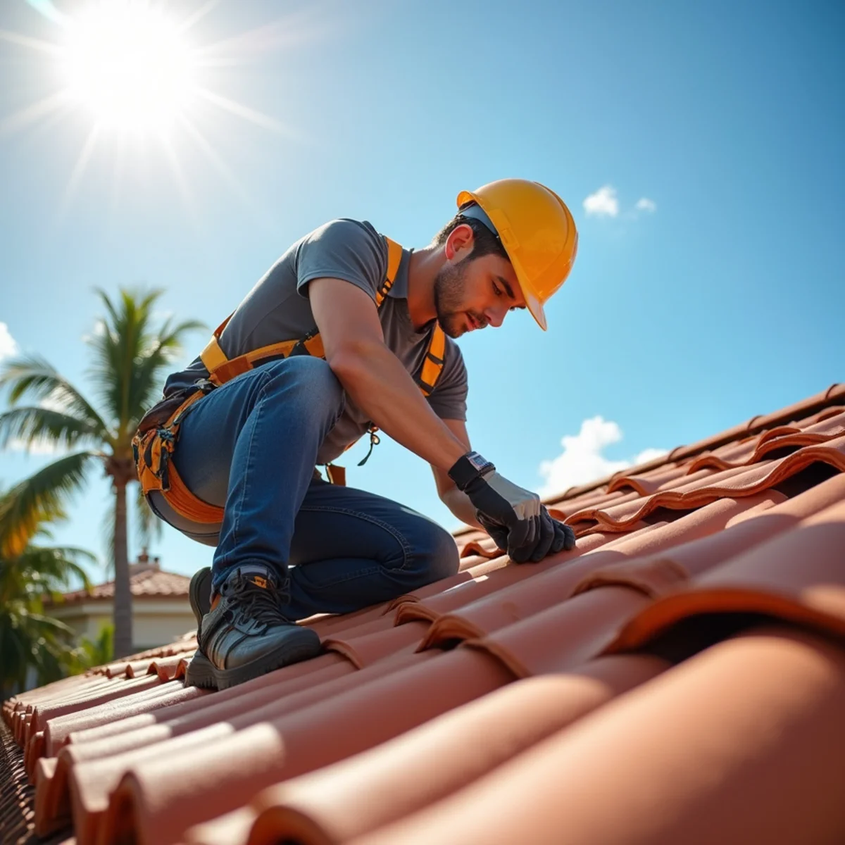 Emergency roof leak repair technician inspecting Mediterranean tile roof in Boca Raton, FL